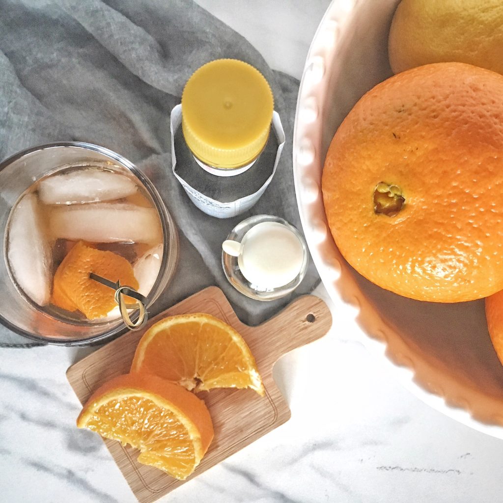 old fashioned with maple syrup, orange bowl, bitters