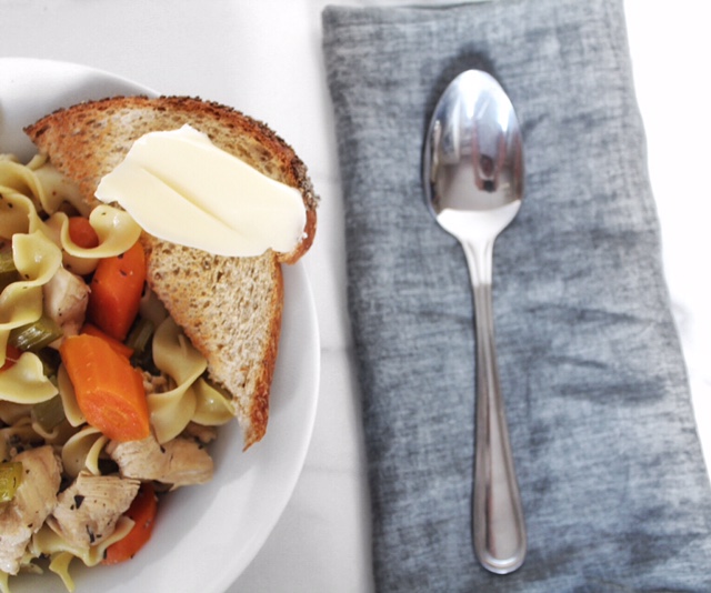 hearty chicken noodle soup with bread